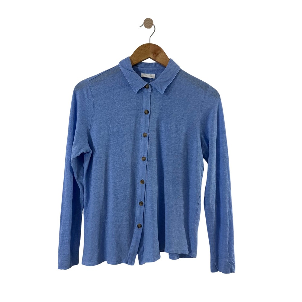 J. Jill Love Linen Blue Button Front Cardigan Sweater Collared Long Sleeve Top‎